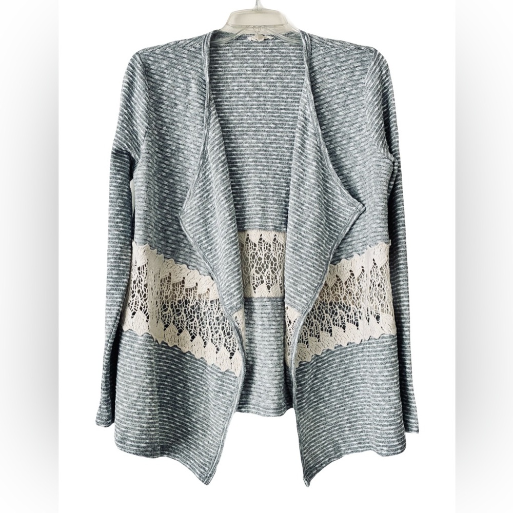 Mystree Cardigan, Sz. S, Gray/White Stripes w/ Beige Crochet Insert Around Waist